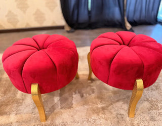Crimson Bouclé Pleated Round Ottoman Stool | Luxury Vanity Bench with Ornate Gold Legs