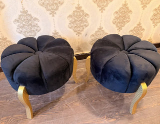 Crimson Bouclé Pleated Round Ottoman Stool | Luxury Vanity Bench with Ornate Gold Legs