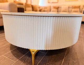 Modern Fluted Round Center Table | Wood-Finish Top with White Fluted Base & Gold Legs