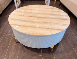 Modern Fluted Round Center Table | Wood-Finish Top with White Fluted Base & Gold Legs
