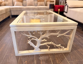 Rustic Branch-Base Glass Top Center Table | Distressed Off-White Rectangular Coffee Table