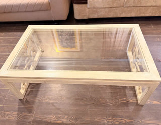 Rustic Branch-Base Glass Top Center Table | Distressed Off-White Rectangular Coffee Table