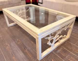 Rustic Branch-Base Glass Top Center Table | Distressed Off-White Rectangular Coffee Table