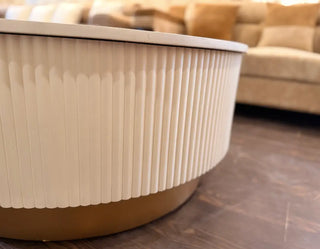 Marble-Top Fluted Round Center Table | Off-White Modern Coffee Table with Gold Trim Base