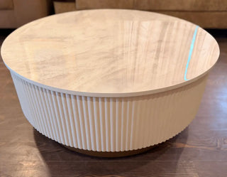 Marble-Top Fluted Round Center Table | Off-White Modern Coffee Table with Gold Trim Base