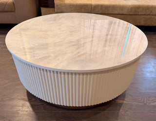 Marble-Top Fluted Round Center Table | Off-White Modern Coffee Table with Gold Trim Base