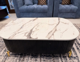 Marble-Top Fluted Rectangular Center Table | Modern Black & White Coffee Table with Gold Accents