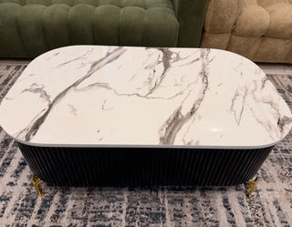 Marble-Top Fluted Rectangular Center Table | Modern Black & White Coffee Table with Gold Accents