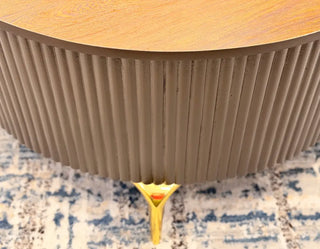 Dark Wood-Finish Round Center Table | Fluted Base Modern Coffee Table with Gold Legs