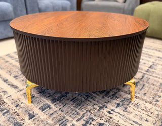 Dark Wood-Finish Round Center Table | Fluted Base Modern Coffee Table with Gold Legs