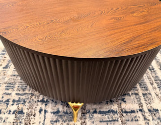 Dark Wood-Finish Round Center Table | Fluted Base Modern Coffee Table with Gold Legs