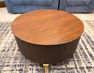 Dark Wood-Finish Round Center Table | Fluted Base Modern Coffee Table with Gold Legs