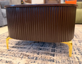 Wood-Finish Rectangular Center Table | Fluted Base Modern Coffee Table with Gold Accents