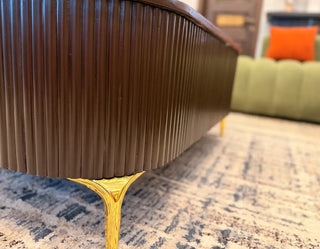 Wood-Finish Rectangular Center Table | Fluted Base Modern Coffee Table with Gold Accents