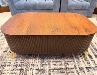 Wood-Finish Rectangular Center Table | Fluted Base Modern Coffee Table with Gold Accents