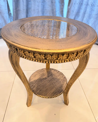 Vintage Carved Accent Table | Round Glass-Top Center Table with Lower Shelf