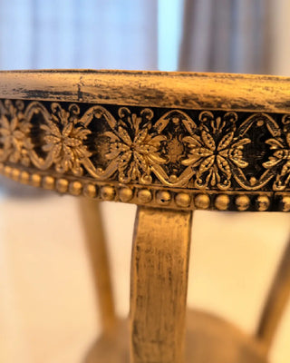 Vintage Carved Accent Table | Round Glass-Top Center Table with Lower Shelf