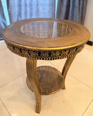 Vintage Carved Accent Table | Round Glass-Top Center Table with Lower Shelf