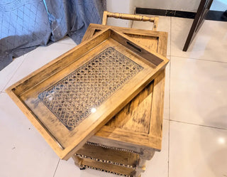 Vintage Rolling Serving Trolley | Mobile Bar Cart with Removable Rattan Tray & Shelves