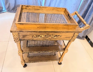 Vintage Rolling Serving Trolley | Mobile Bar Cart with Removable Rattan Tray & Shelves
