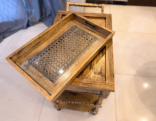 Vintage Rolling Serving Trolley | Mobile Bar Cart with Removable Rattan Tray & Shelves