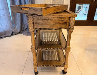 Vintage Rolling Serving Trolley | Mobile Bar Cart with Removable Rattan Tray & Shelves
