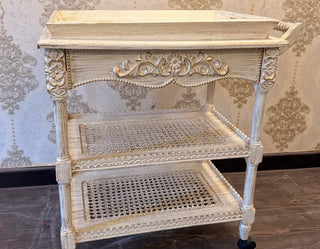 Vintage Rolling Serving Trolley | Mobile Bar Cart with Removable Rattan Tray & Shelves