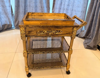 Vintage Rolling Serving Trolley | Mobile Bar Cart with Removable Rattan Tray & Shelves