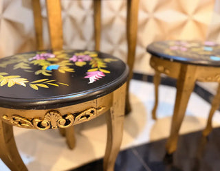 Hand-Painted Floral Nesting Accent Table & Stools Set | Vintage Black & Gold Finish