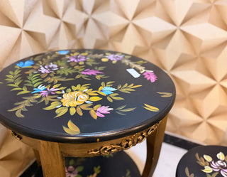 Hand-Painted Floral Nesting Accent Table & Stools Set | Vintage Black & Gold Finish