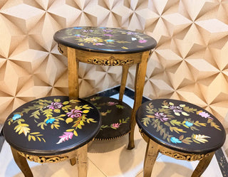 Hand-Painted Floral Nesting Accent Table & Stools Set | Vintage Black & Gold Finish