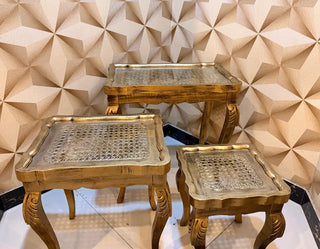 Vintage Rattan Nesting Tables Set | Antique Gold Glass-Top Accent Tables (Set of 3)