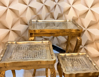 Vintage Rattan Nesting Tables Set | Antique Gold Glass-Top Accent Tables (Set of 3)