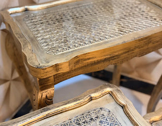 Vintage Rattan Nesting Tables Set | Antique Gold Glass-Top Accent Tables (Set of 3)