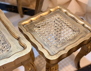 Vintage Rattan Nesting Tables Set | Antique Gold Glass-Top Accent Tables (Set of 3)