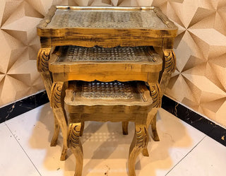 Vintage Rattan Nesting Tables Set | Antique Gold Glass-Top Accent Tables (Set of 3)
