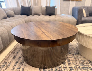 Modern Fluted Round Coffee Table with Wooden Grain Top