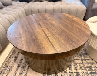 Modern Fluted Round Coffee Table with Wooden Grain Top