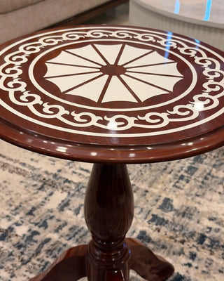 Handcrafted Wooden Round Pedestal Accent Table with Traditional Inlay Art