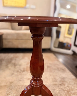 Handcrafted Wooden Round Pedestal Accent Table with Traditional Inlay Art