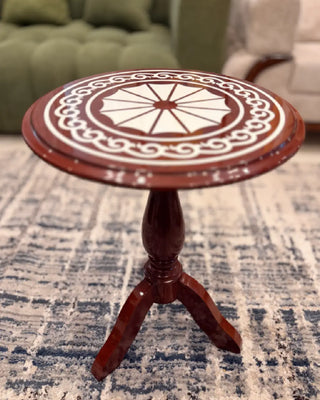 Handcrafted Wooden Round Pedestal Accent Table with Traditional Inlay Art