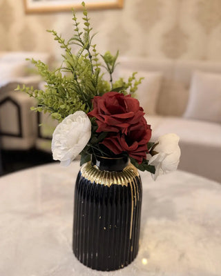 Modern Black & Gold Ceramic Vase with Floral Arrangement