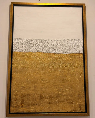 Golden Horizon Abstract Textured Wall Art | Modern Gold Foil and White Canvas Painting with Wooden Frame