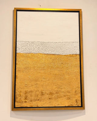 Golden Horizon Abstract Textured Wall Art | Modern Gold Foil and White Canvas Painting with Wooden Frame