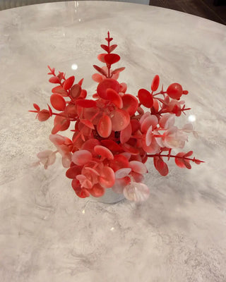 Red & White Artificial Eucalyptus Plant in Textured White Pot | Tabletop Decor Vase