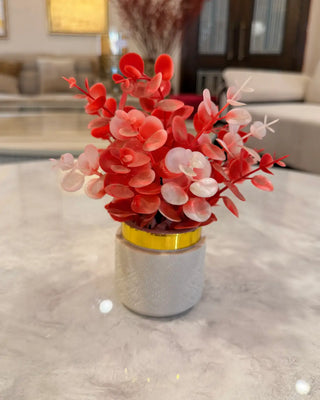 Red & White Artificial Eucalyptus Plant in Textured White Pot | Tabletop Decor Vase