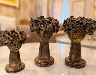 Antique Gold Floral Crown Face Vase Set | 3-Piece Decorative Planter and Sculpture Decor