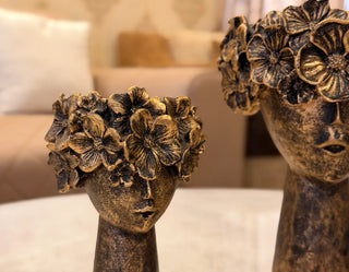 Antique Gold Floral Crown Face Vase Set | 3-Piece Decorative Planter and Sculpture Decor