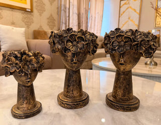 Antique Gold Floral Crown Face Vase Set | 3-Piece Decorative Planter and Sculpture Decor