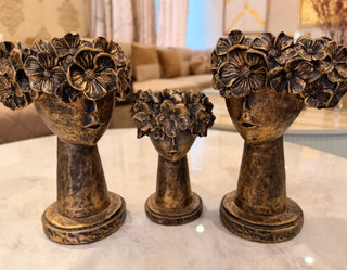Antique Gold Floral Crown Face Vase Set | 3-Piece Decorative Planter and Sculpture Decor